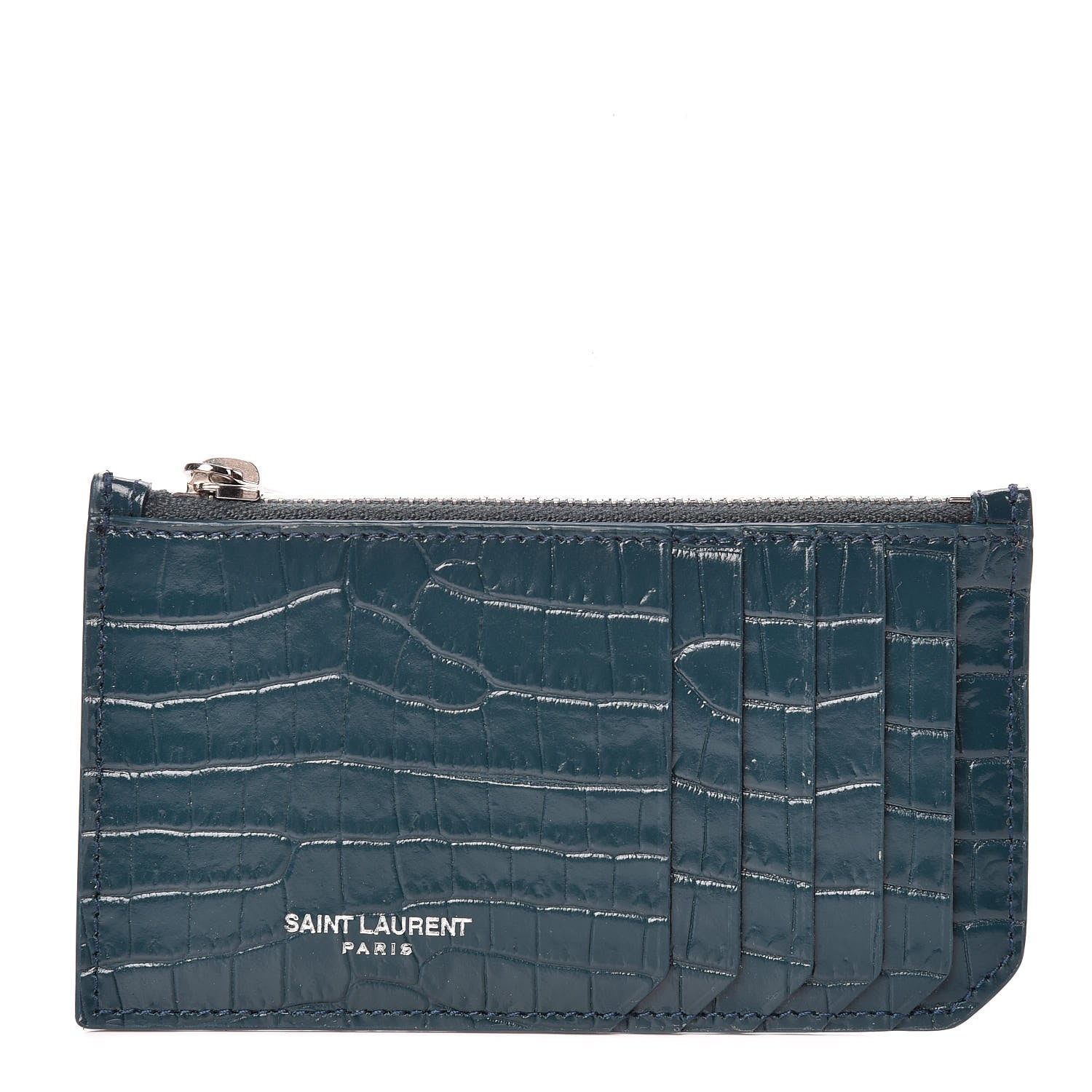 Saint Laurent Calfskin Crocodile Embossed 5 Fragments Zip Card Case Dark Turquoise 1 of 8