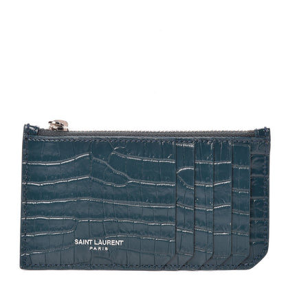 Saint Laurent Calfskin Crocodile Embossed 5 Fragments Zip Card Case Dark Turquoise 1 of 8