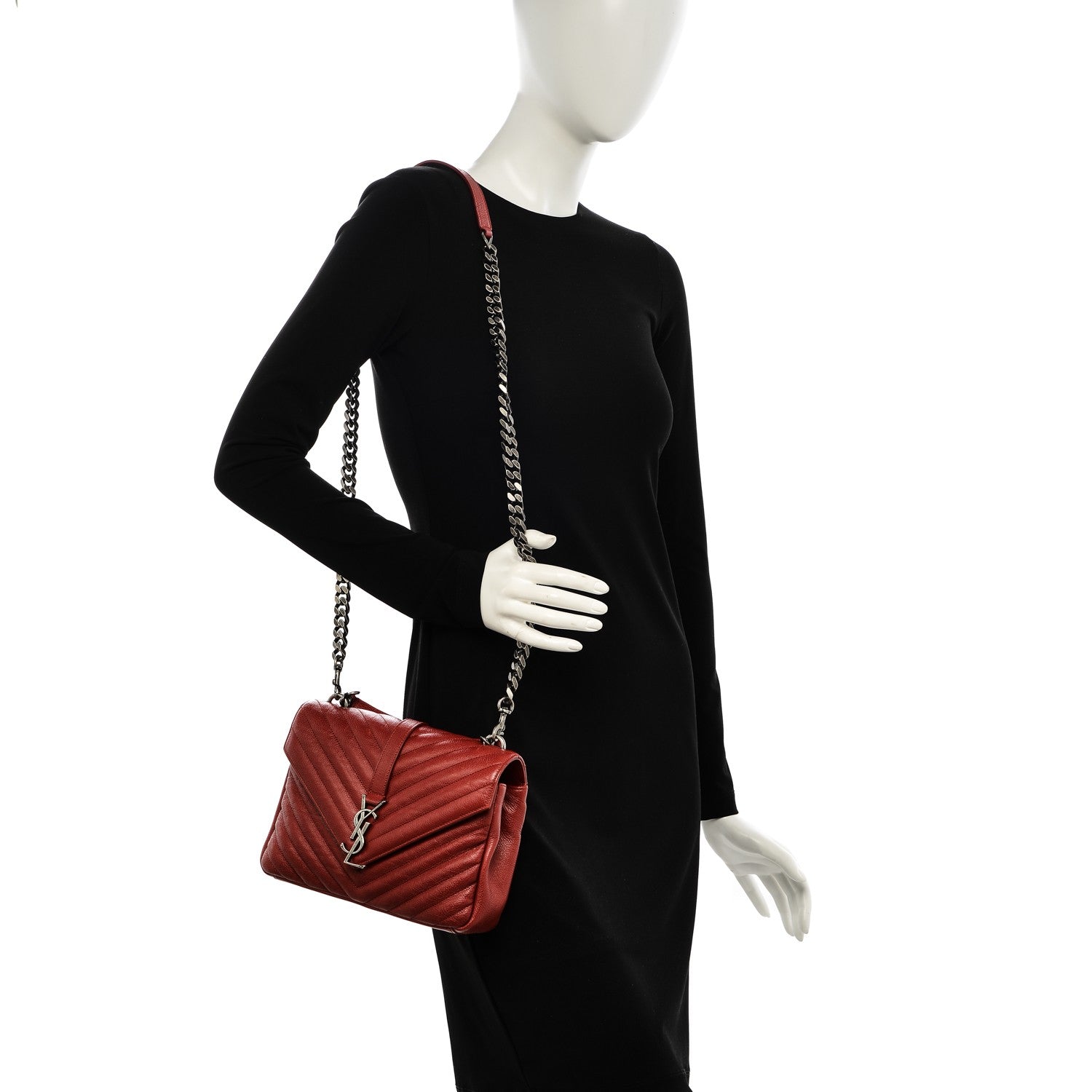 Saint Laurent Grained Calfskin Matelasse Chevron Monogram Medium College Bag Rouge 2 of 9