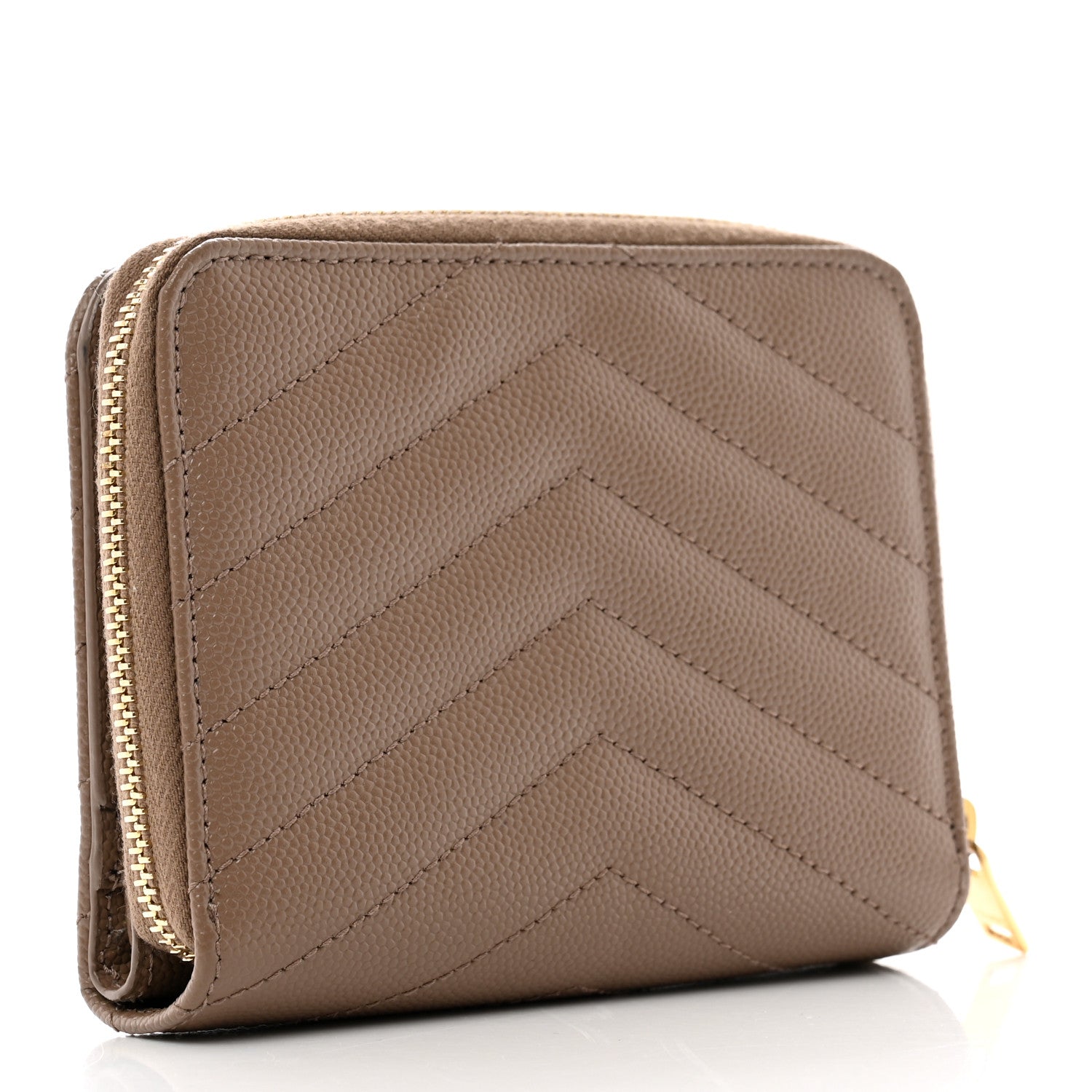 Saint Laurent Grain De Poudre Matelasse Chevron Monogram Compact Zip Around Wallet Taupe 3 of 8