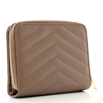 Saint Laurent Grain De Poudre Matelasse Chevron Monogram Compact Zip Around Wallet Taupe 3 of 8
