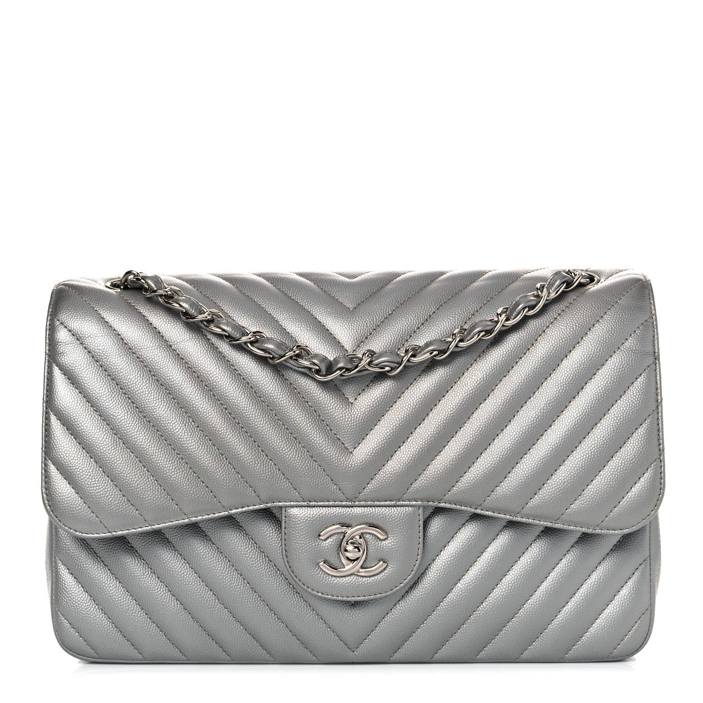 Metallic Caviar Chevron Quilted Jumbo Double Flap Silver