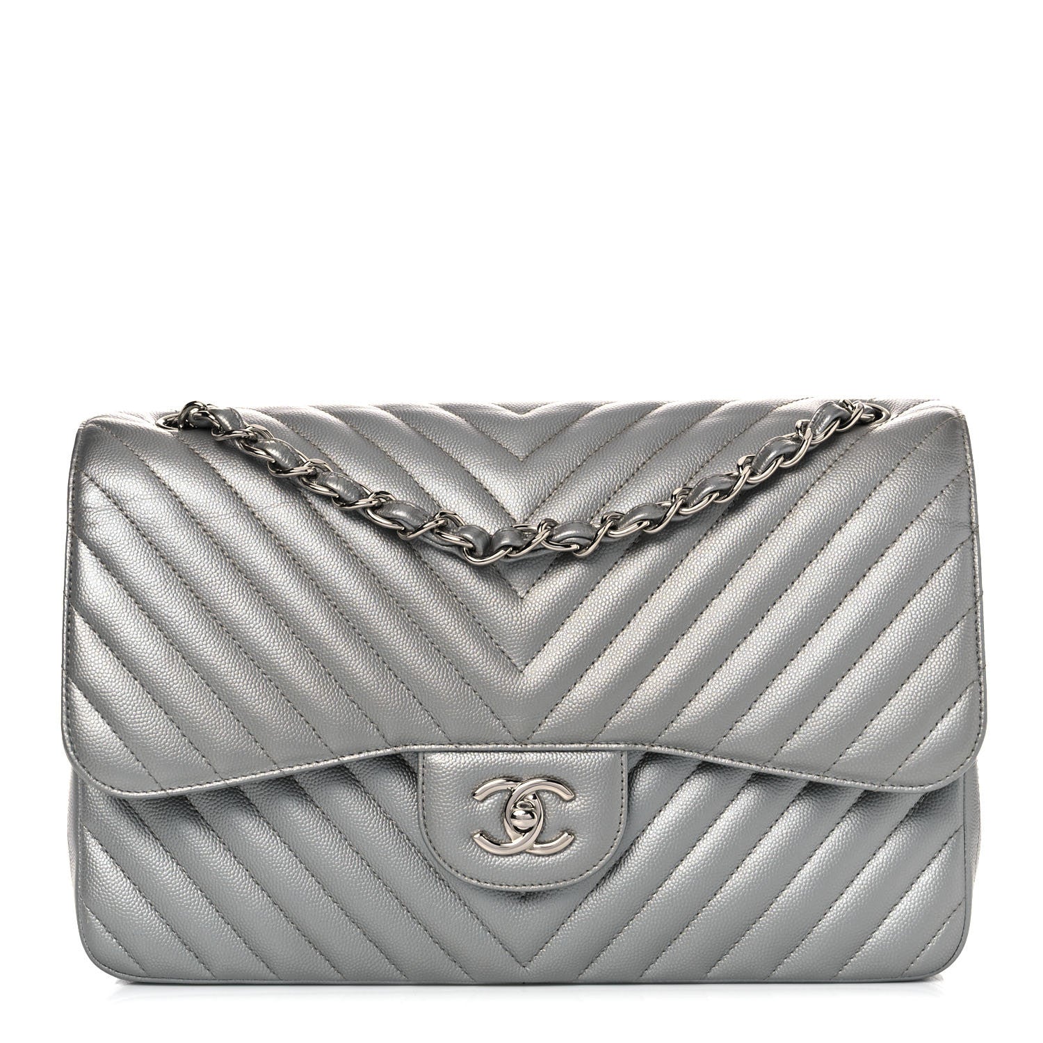 Chanel Metallic Caviar Chevron Quilted Jumbo Double Flap Silver 1 of 14