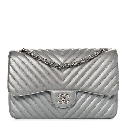 Chanel Metallic Caviar Chevron Quilted Jumbo Double Flap Silver 1 of 14