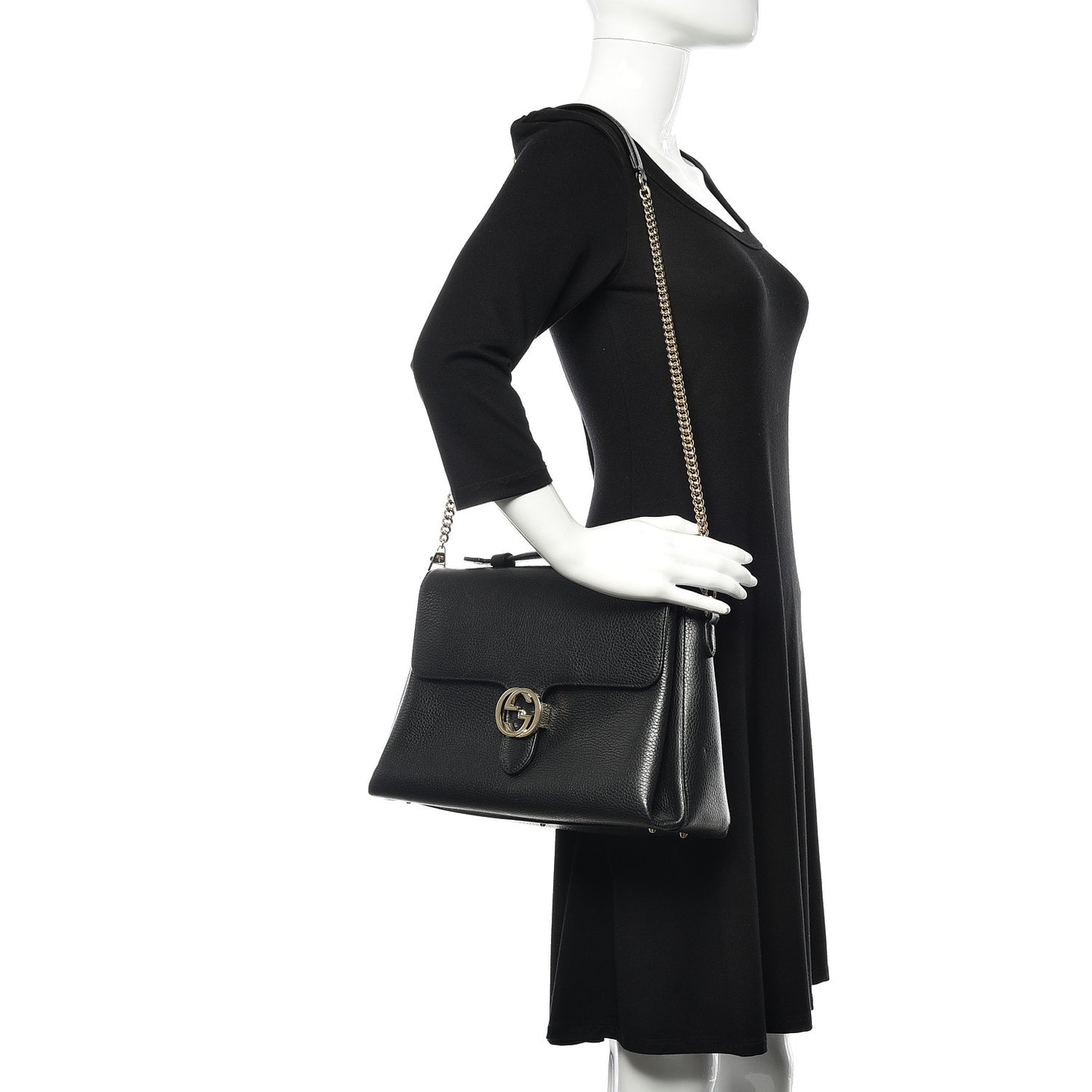 Dollar Calfskin Medium Interlocking G Top Handle Shoulder Bag Black