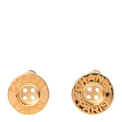 Chanel Metal Paris Button Stud Earrings Gold 1 of 5