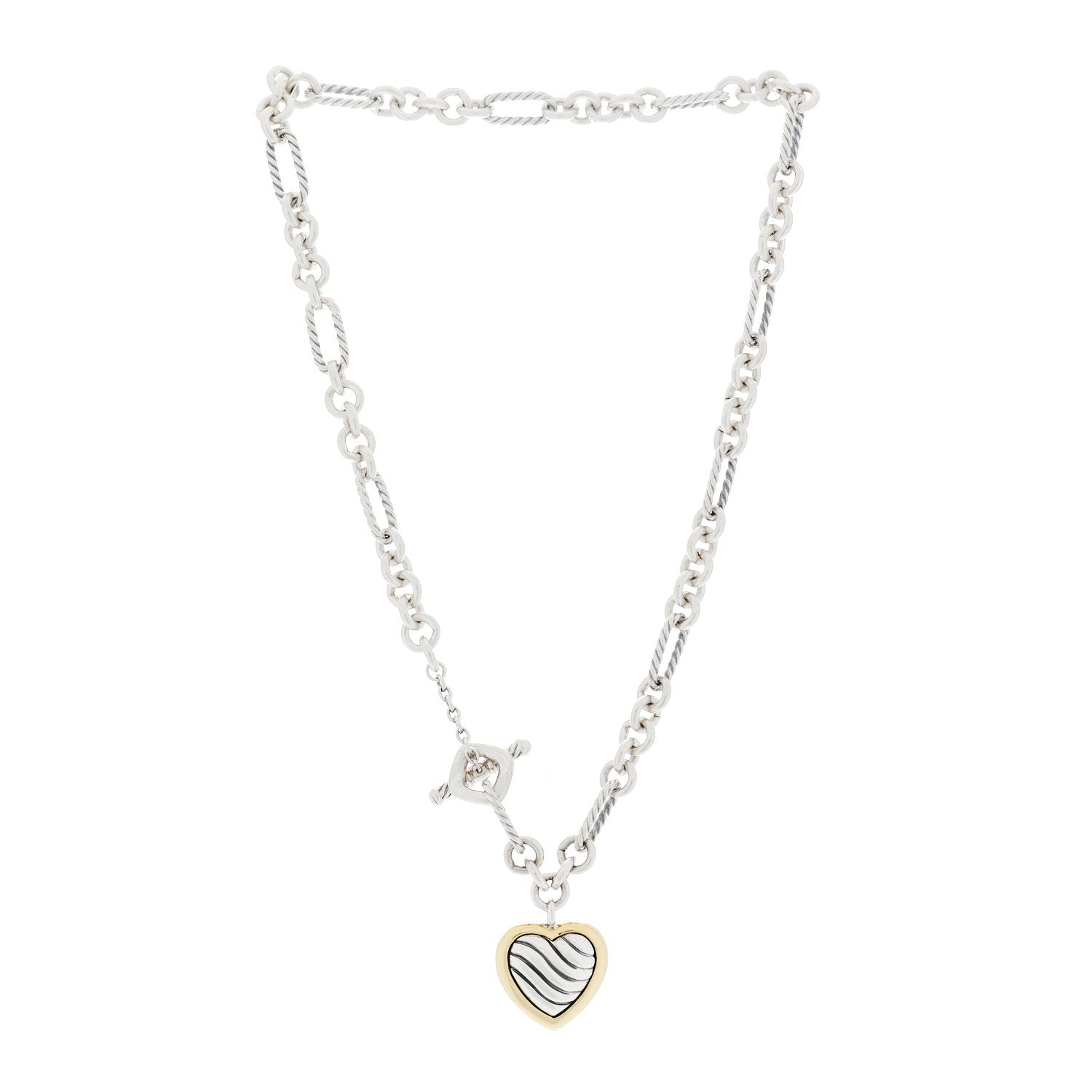 David Yurman Sterling Silver 18K Yellow Gold Cable Heart Figaro Necklace 2 of 8
