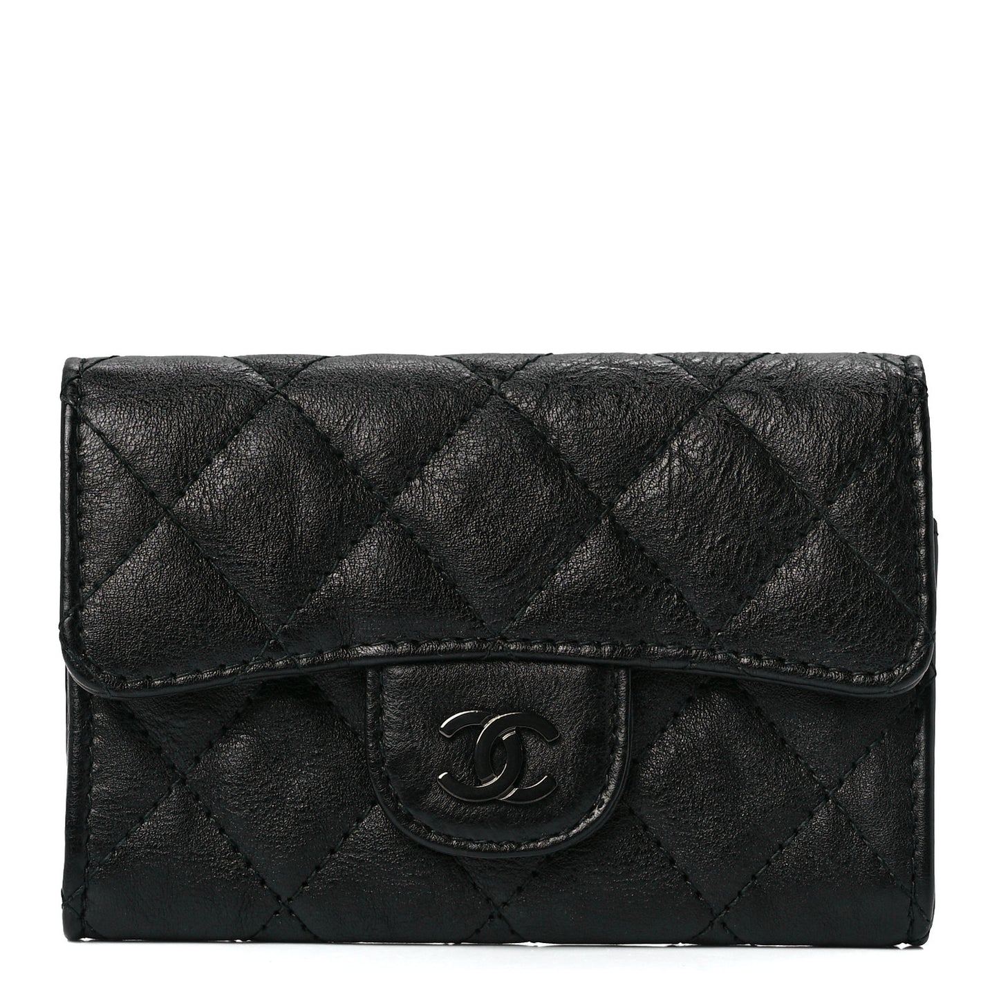Crumpled Calfskin Quilted Flap Card Holder Wallet So Black