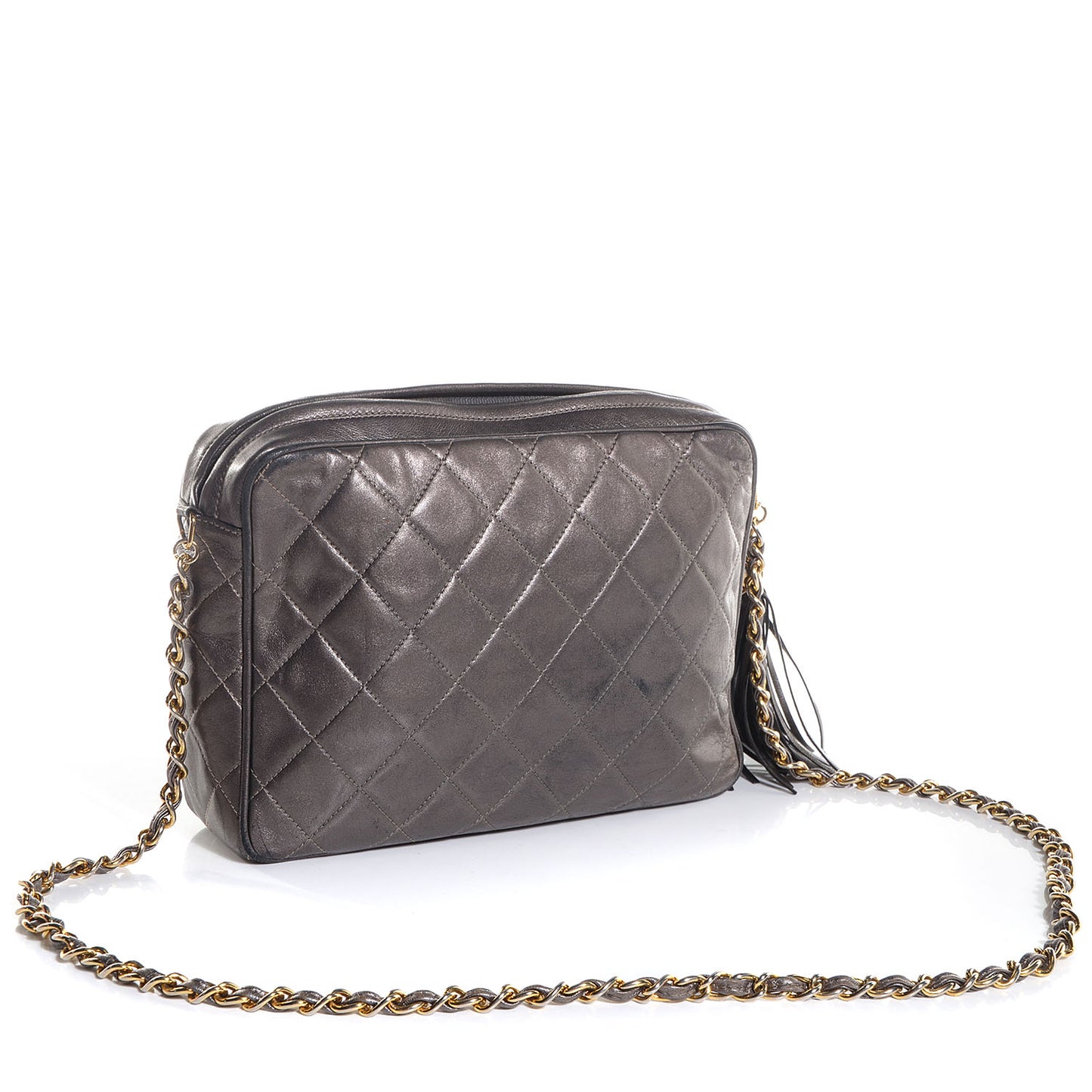 Lambskin Quilted Tassel Camera Case Dark Silver