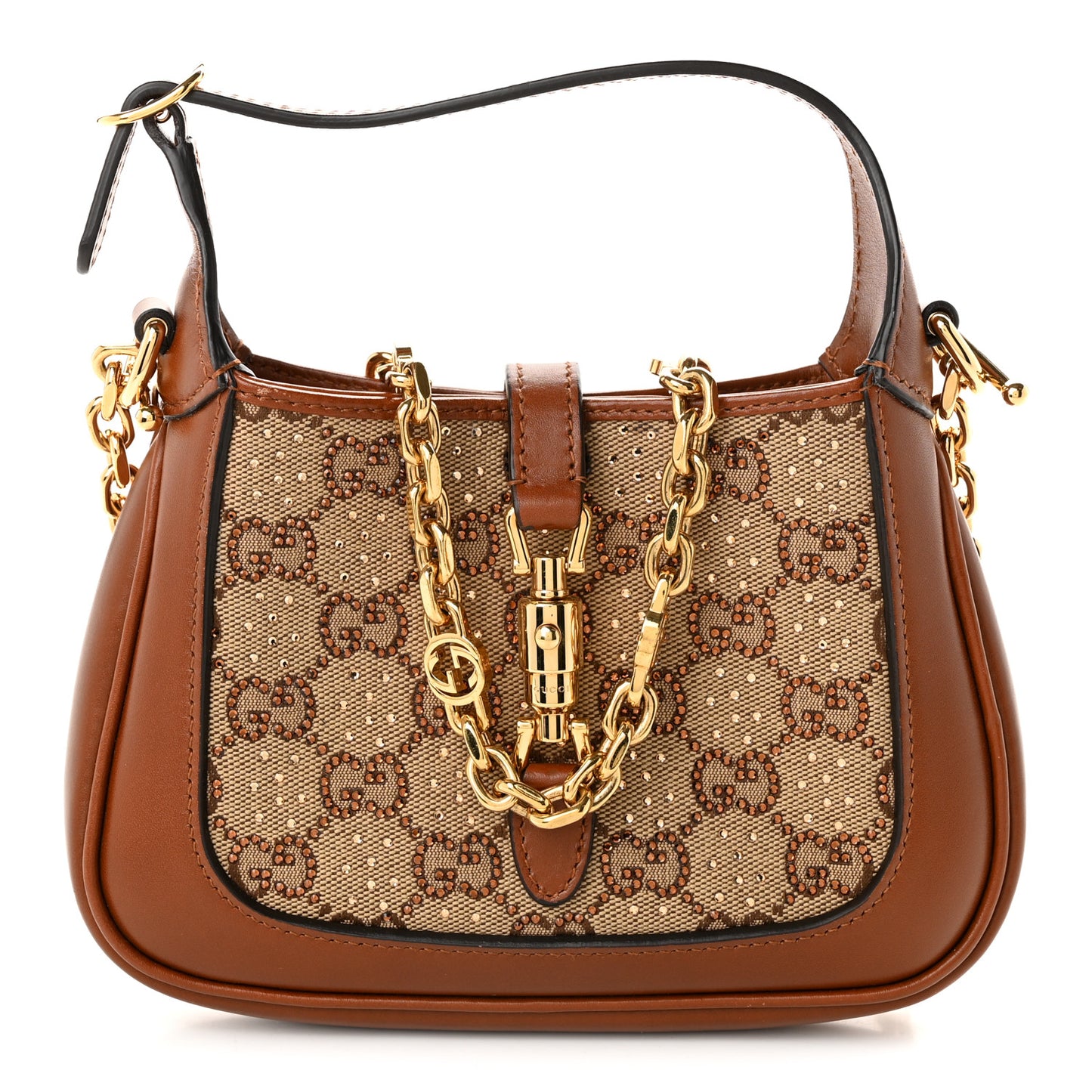 New Canvas Charisma Calfskin Crystal GG Monogram Mini Jackie 1961 Hobo Camel Ebony