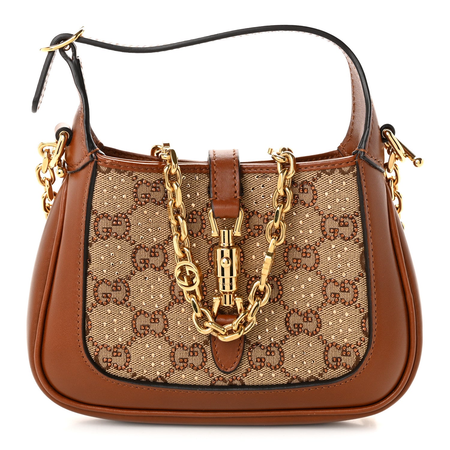 Gucci New Canvas Charisma Calfskin Crystal GG Monogram Mini Jackie 1961 Hobo Camel Ebony 1 of 10