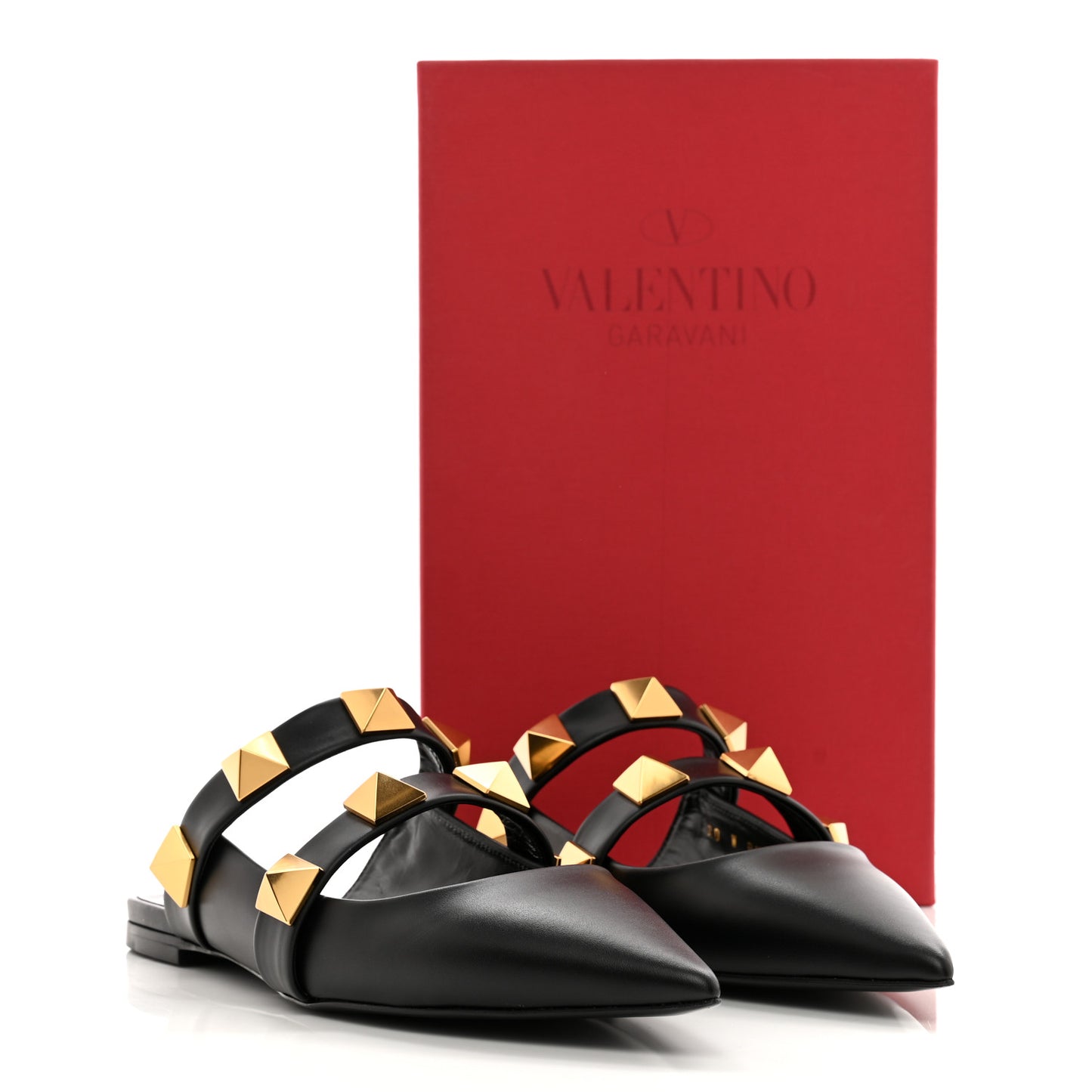 Calfskin Roman Stud Flat Mules 39 Black