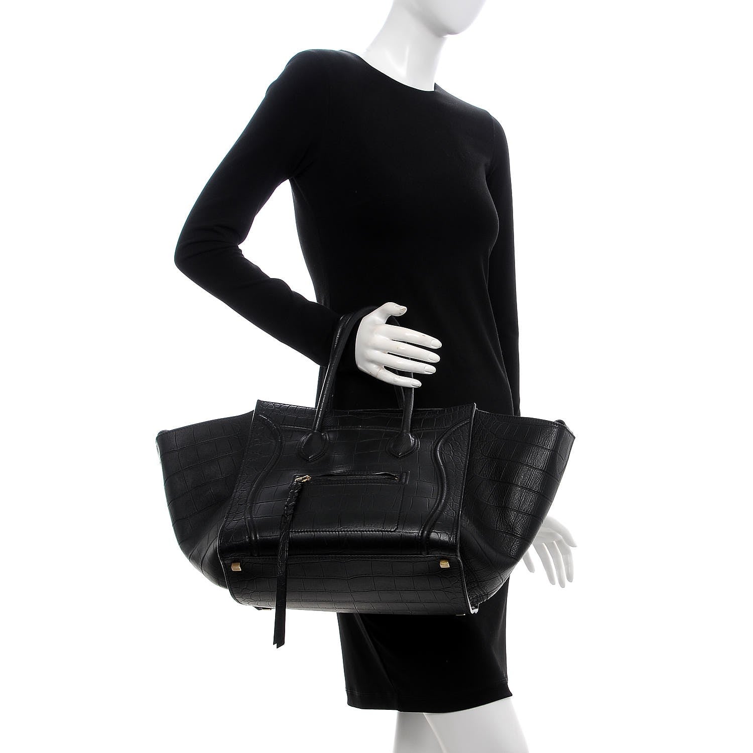 Celine Crocodile Embossed Calfskin Medium Phantom Luggage Black 2 of 10
