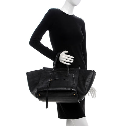 Celine Crocodile Embossed Calfskin Medium Phantom Luggage Black 2 of 10