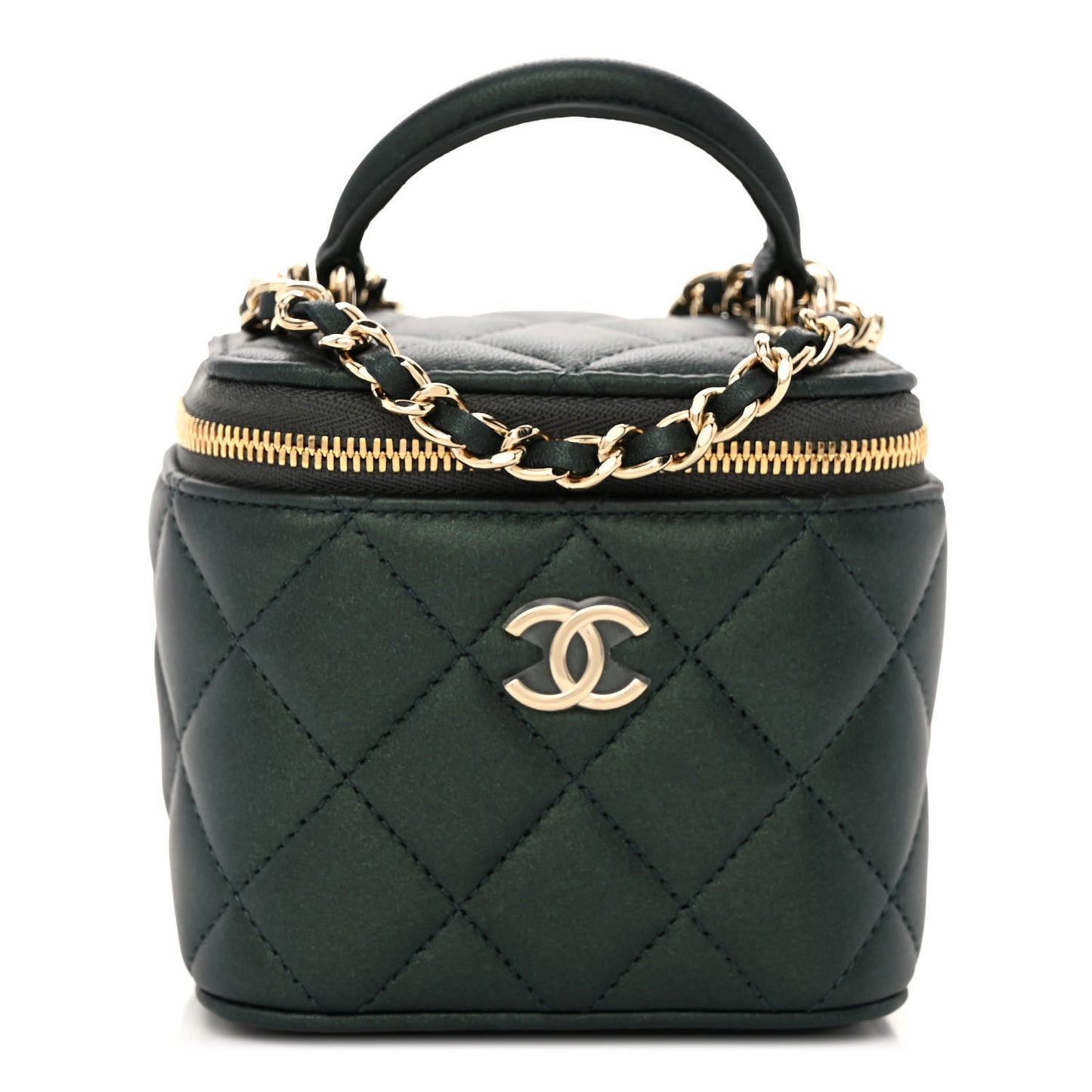 Iridescent Lambskin Quilted Mini Top Handle Vanity Case With Chain Dark Green