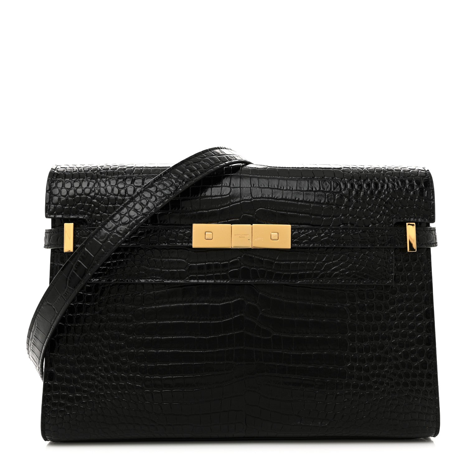 Saint Laurent Shiny Calfskin Crocodile Embossed Manhattan Baguette Black 1 of 10