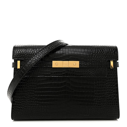 Saint Laurent Shiny Calfskin Crocodile Embossed Manhattan Baguette Black 1 of 10