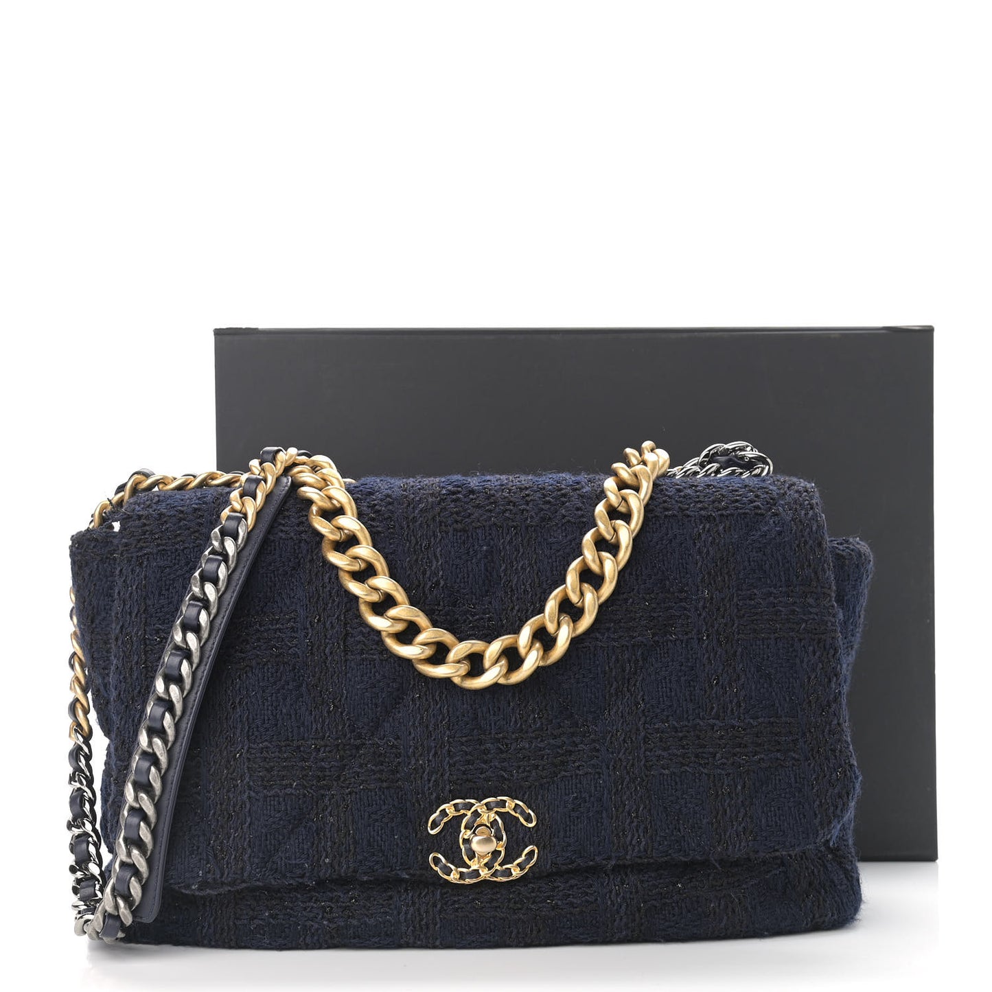 Tweed Quilted Maxi Chanel 19 Flap Navy