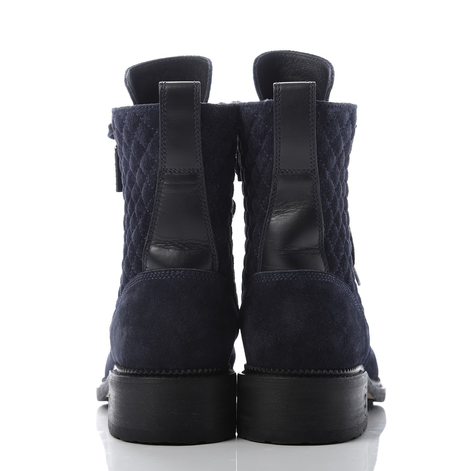 Chanel Suede Quilted CC Lace Up Combat Boots 39.5 Navy Black 6 of 9