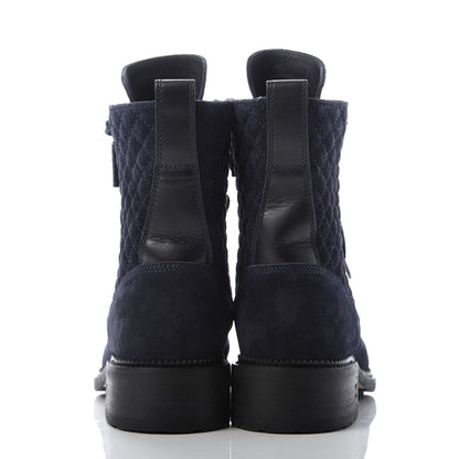 Chanel Suede Quilted CC Lace Up Combat Boots 39.5 Navy Black 6 of 9