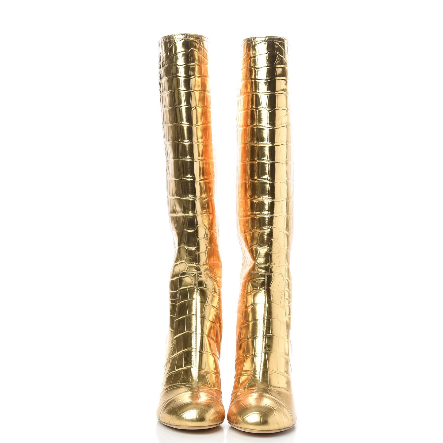 Calfskin Crocodile Embossed Cap Toe High Boots 38 Gold