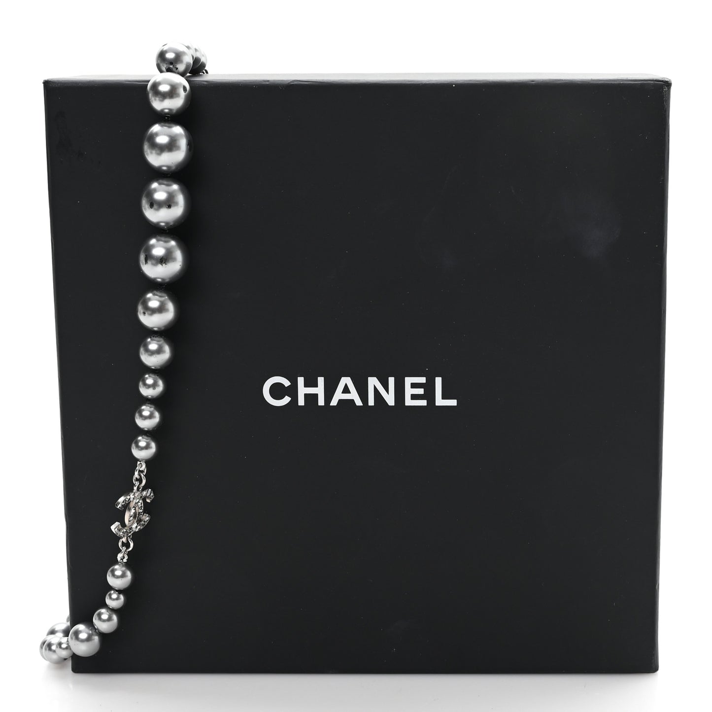 Crystal Baguette Graduated Pearl CC Short Necklace Silver Grey