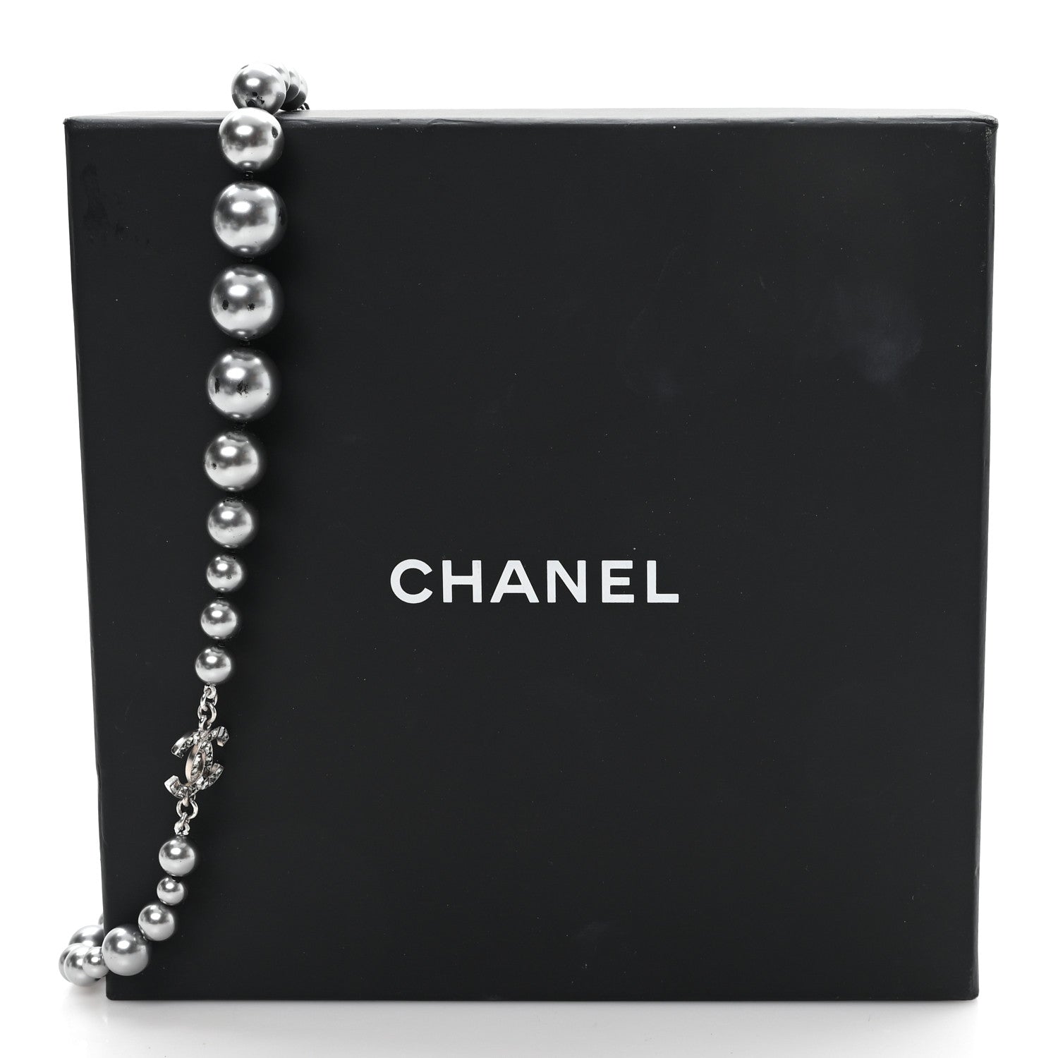 Chanel Crystal Baguette Graduated Pearl CC Short Necklace Silver Grey 4 of 5