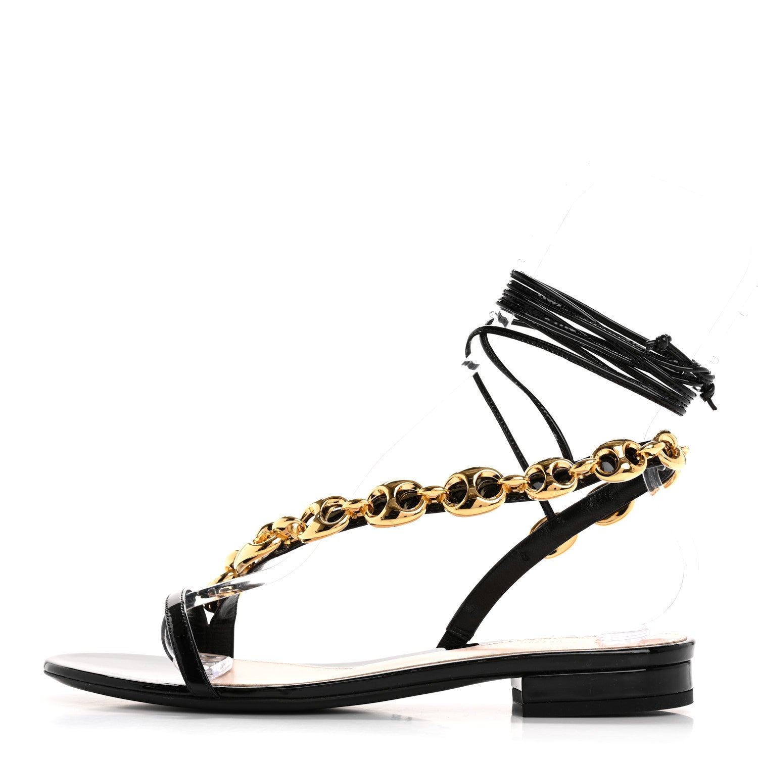 Gucci Vernice Crystal Lambskin Marina Ankle Wrap Sandals 38 Black 1 of 9