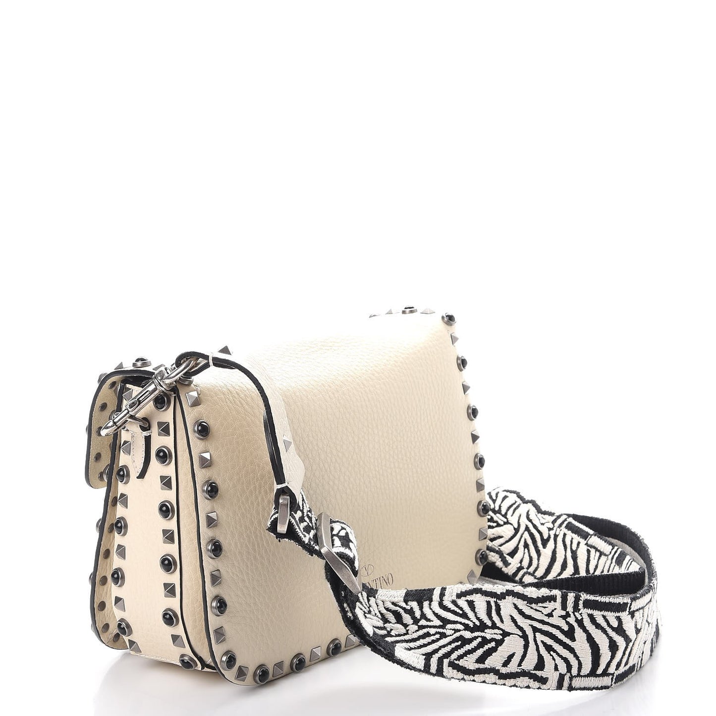 Pebbled Calfskin Onyx Medium Guitar Strap Rockstud Rolling Flap Saddle Bag Ivory