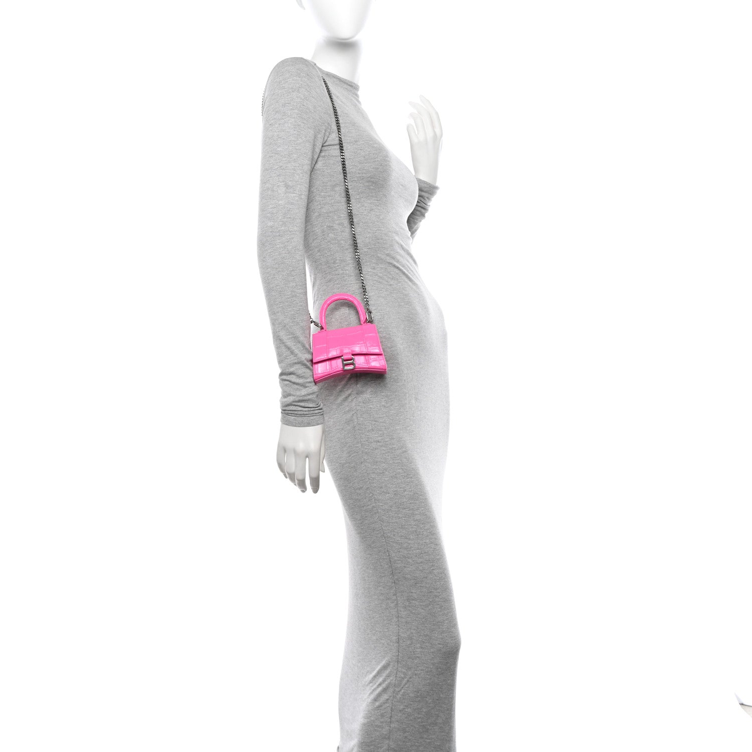 Balenciaga Shiny Calfskin Crocodile Embossed Hourglass Top Handle Bag Mini with Chain Neon Pink 2 of 14