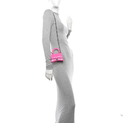 Balenciaga Shiny Calfskin Crocodile Embossed Hourglass Top Handle Bag Mini with Chain Neon Pink 2 of 14
