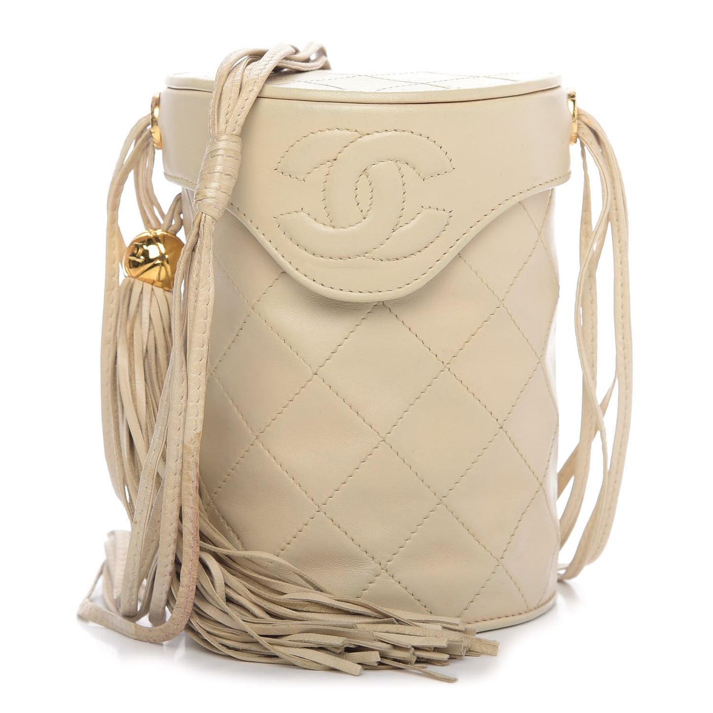 Lambskin Quilted Tassel Shoulder Bag Beige