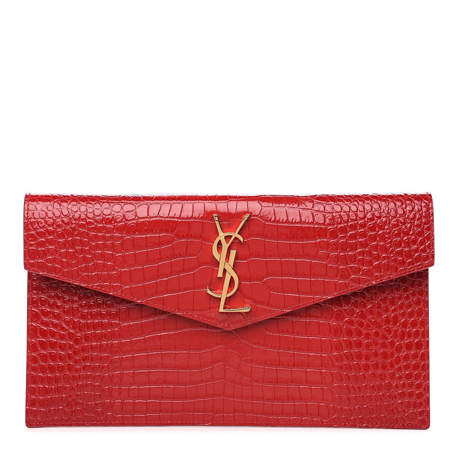 Saint Laurent Calfskin Crocodile Embossed Uptown Monogram Clutch Rouge Eros 1 of 6
