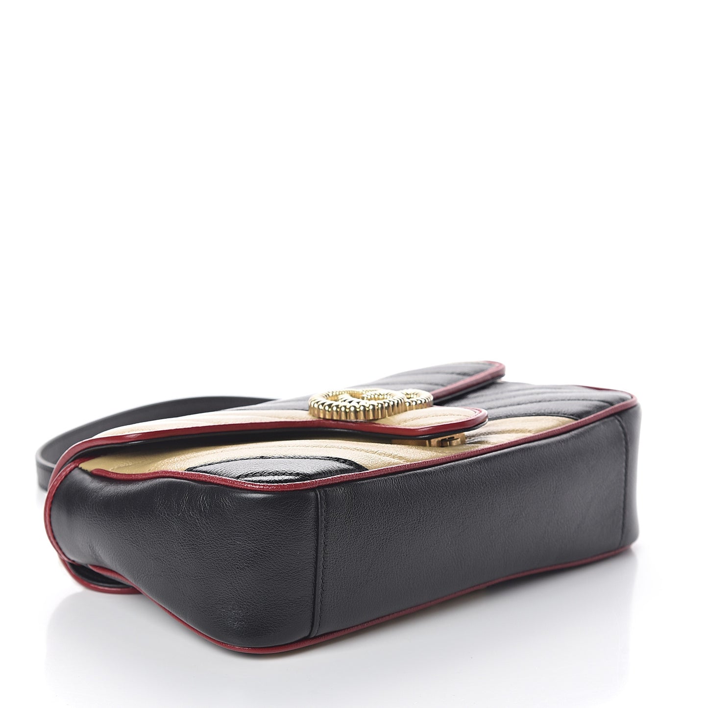 Vintage Effect Calfskin Matelasse Diagonal Striped Small Torchon GG Marmont Shoulder Bag Black Beige
