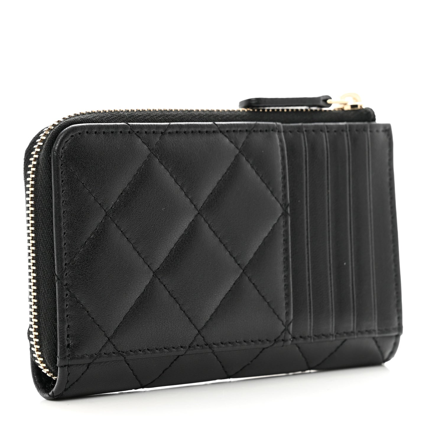 Lambskin Enamel Quilted Zippered Card Holder Black