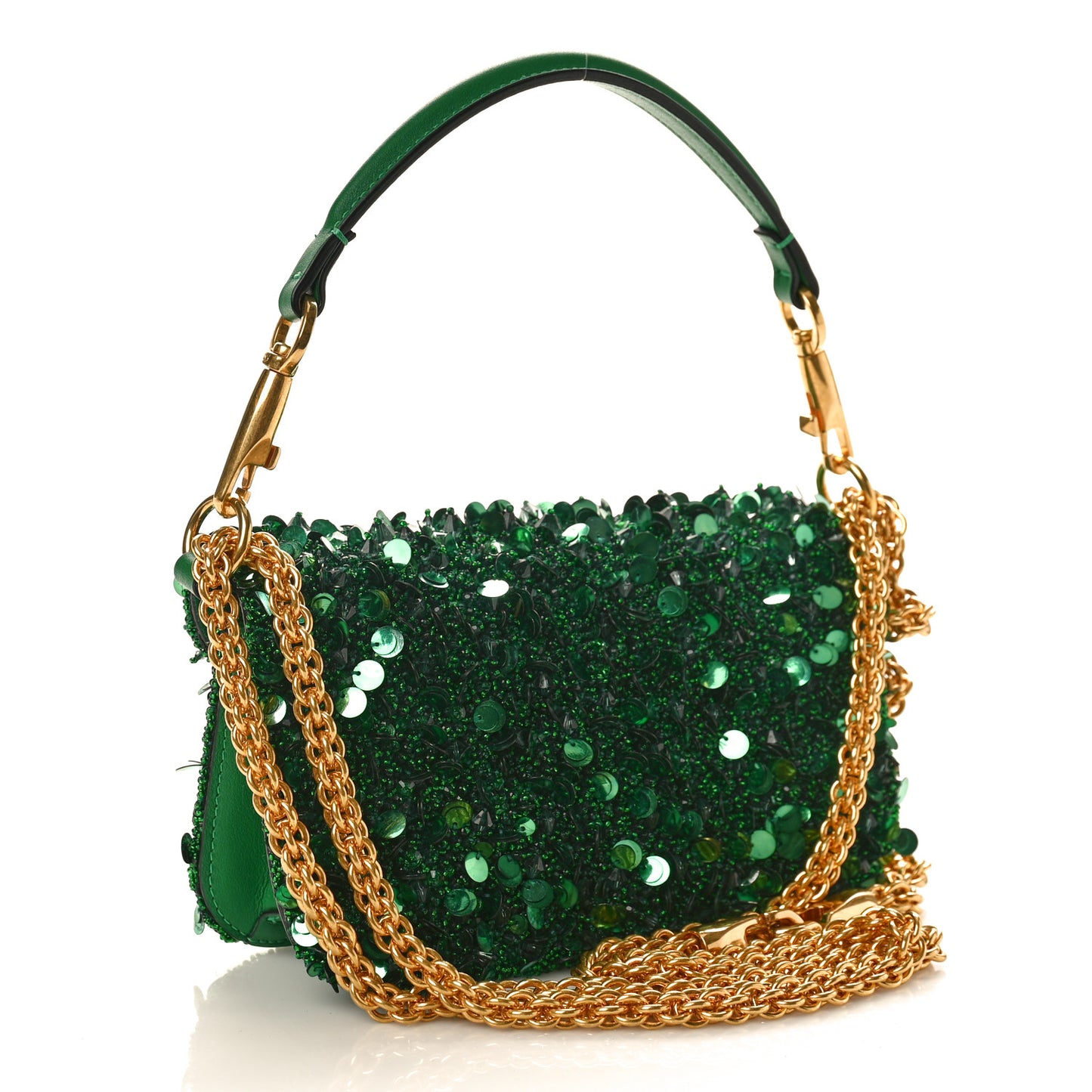 Sequin Crystal Vlogo Embroidered Small Loco Shoulder Bag Green
