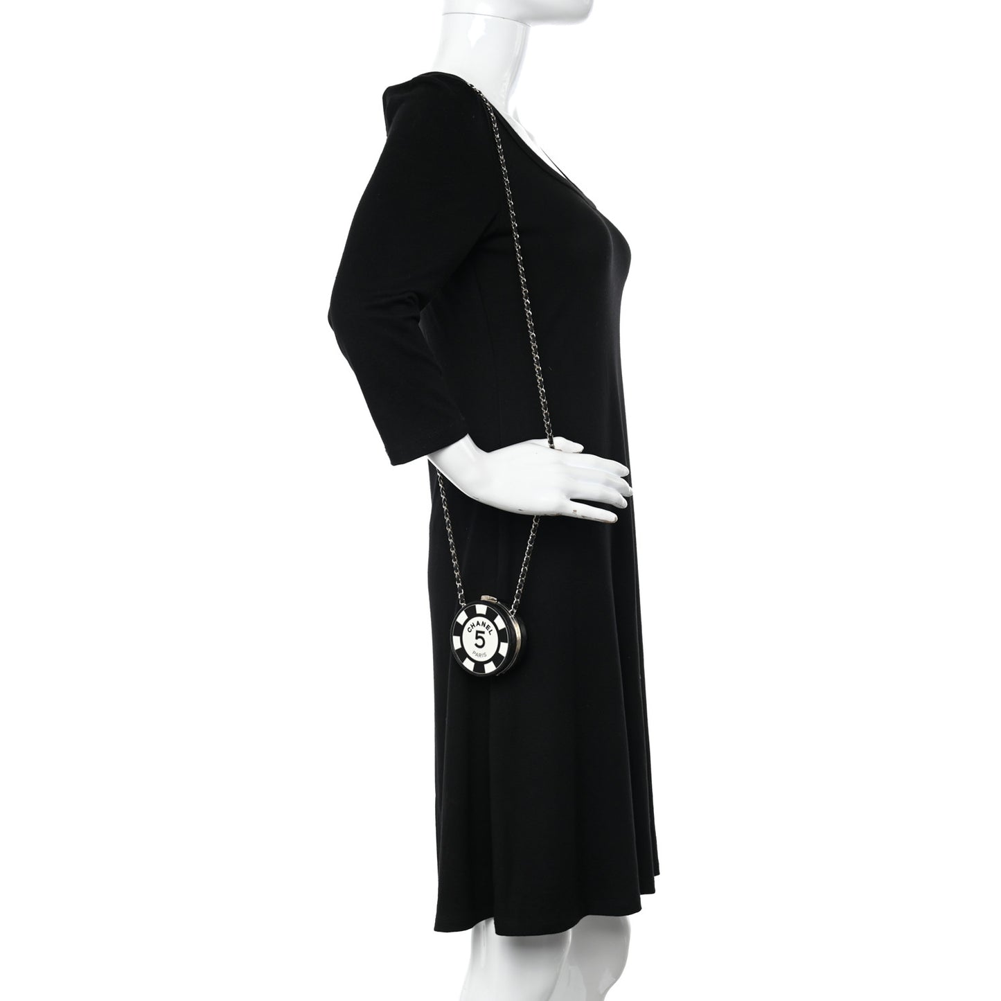 Lambskin Enamel Quilted Round Poker Chip Clutch With Chain Black White