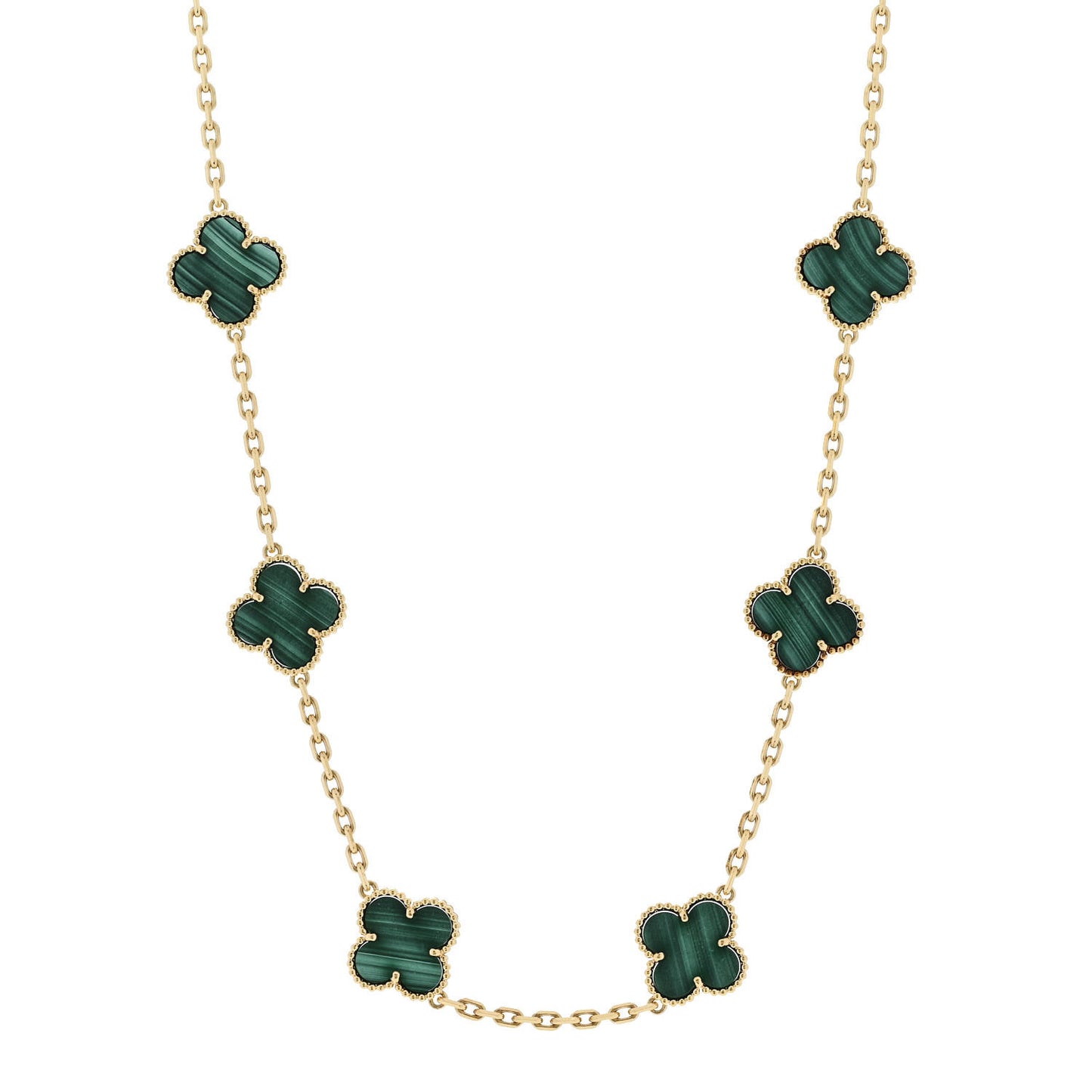 18K Yellow Gold Malachite 10 Motifs Vintage Alhambra Necklace