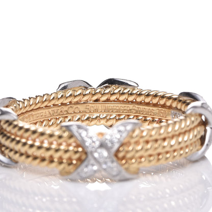 Tiffany 18K Yellow Gold Platinum Diamond Schlumberger Rope 3 Row X Ring 65 11 4 of 4