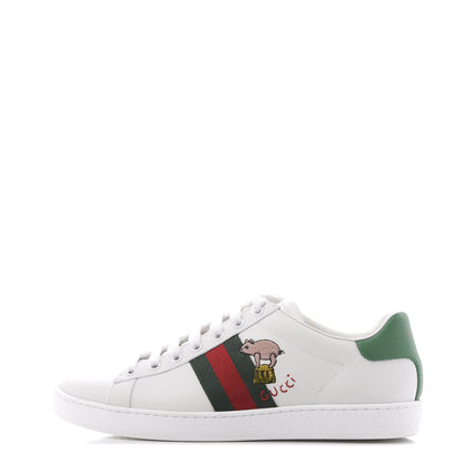 Gucci Calfskin Web Pig Kitten Embroidered Womens Ace Sneakers 37.5 White 1 of 8