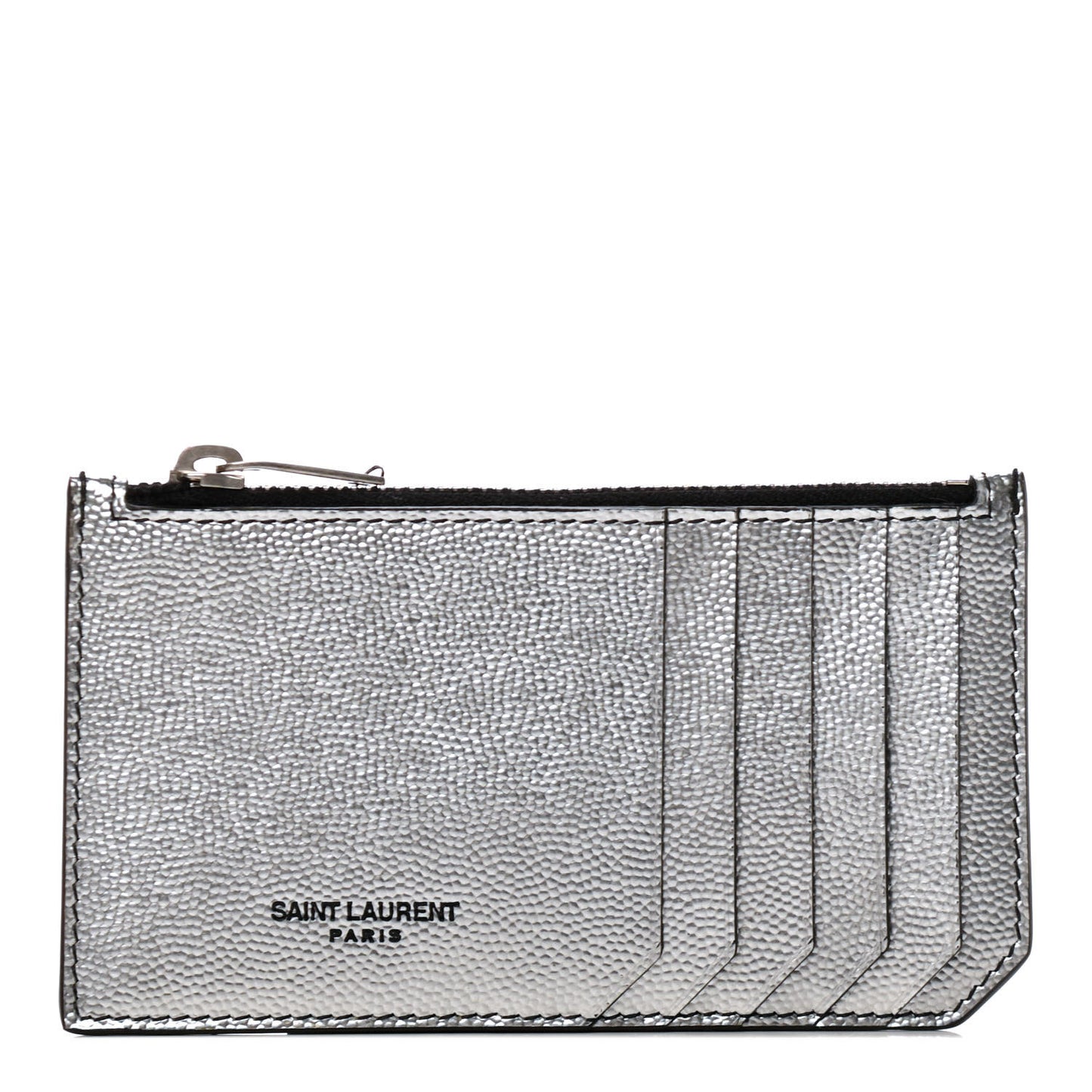 Grained Calfskin 5 Fragments Zip Pouch Card Holder Silver