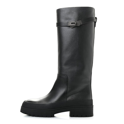 Hermes Coated Canvas Calfskin Barn Boots 37.5 Black 1 of 9