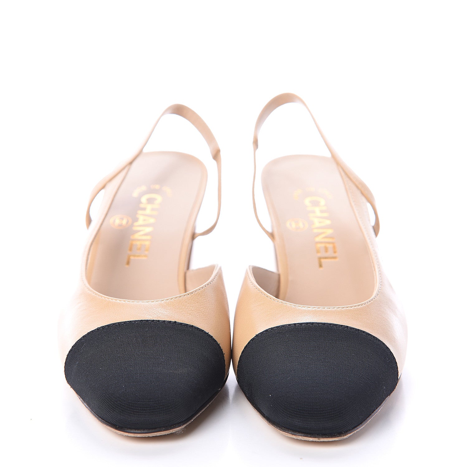 Chanel Goatskin Grosgrain Cap Toe CC Slingback Pumps 36 Beige Black 2 of 7