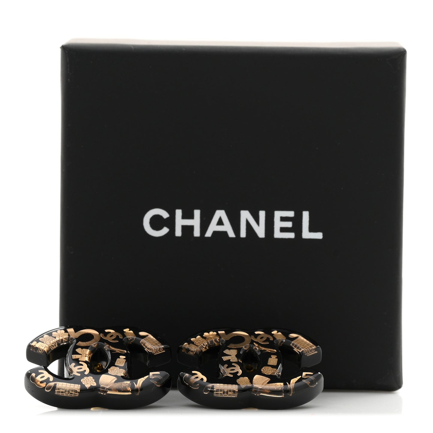 Resin CC No 5 Stud Earrings Black Gold Black Gold