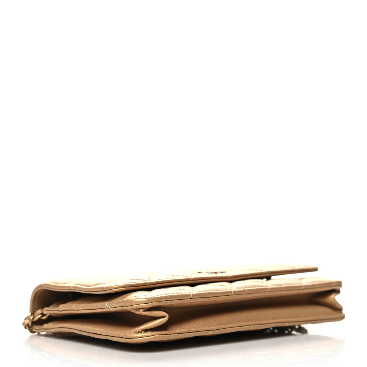Metallic Lambskin Quilted Enamel Wallet On Chain WOC Gold