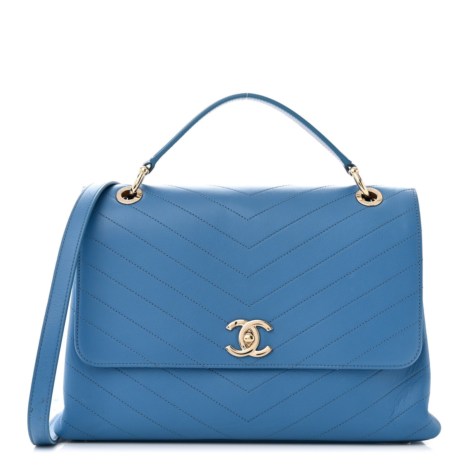Chanel Grained Calfskin Medium Chevron Chic Top Handle Flap Blue 1 of 12