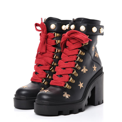 Gucci Calfskin Embroidered Lace Up Combat Ankle Boots 36.5 Black 3 of 8