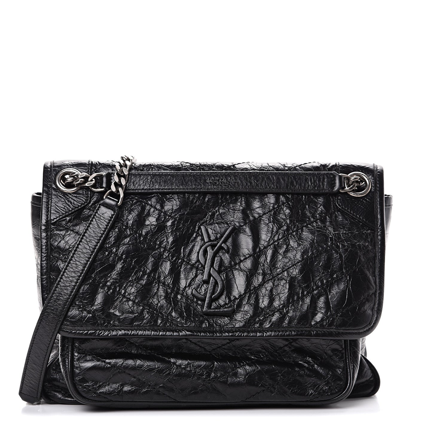 Crinkled Calfskin Matelasse Monogram Medium Niki Chain Satchel Black