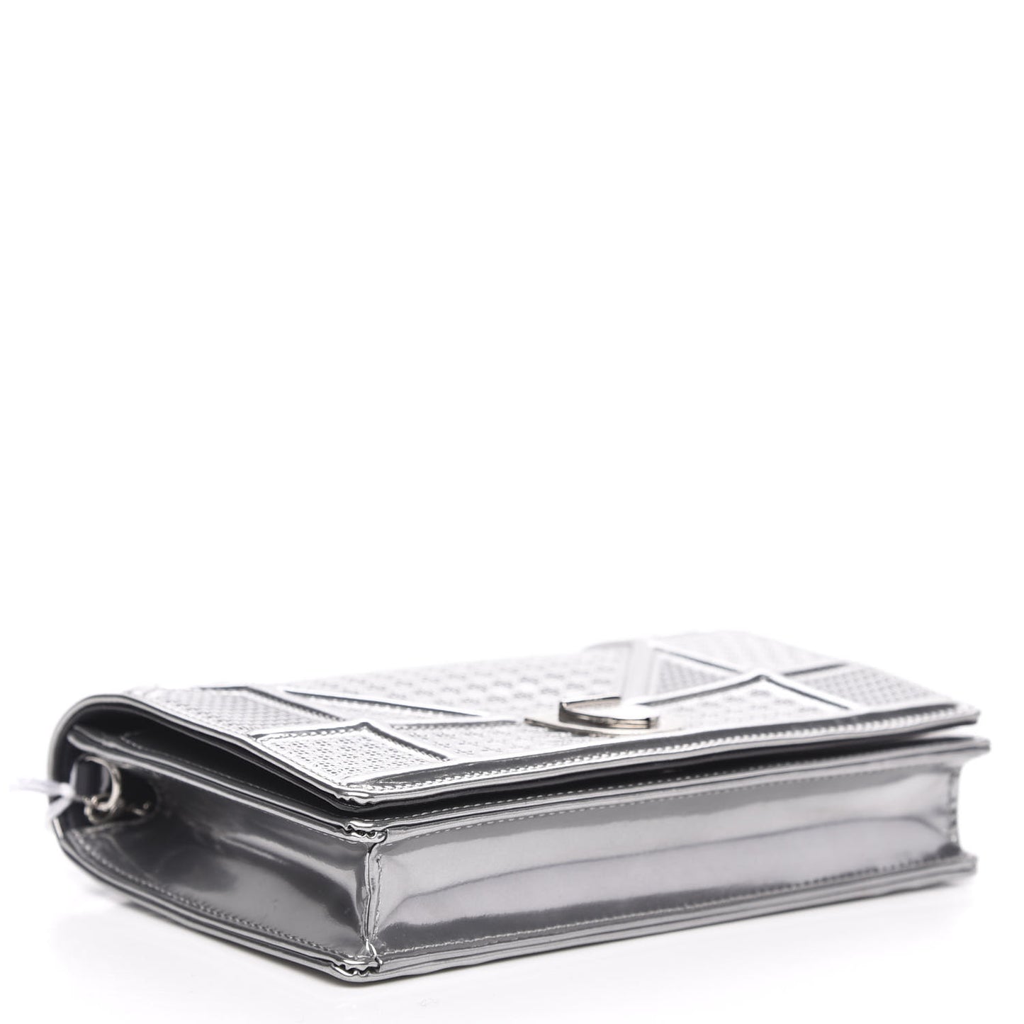 Metallic Patent Micro-Cannage Diorama Wallet on Chain Pouch Silver