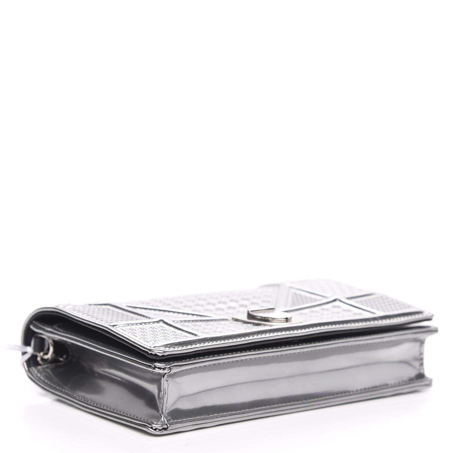 Christian Dior Metallic Patent Micro-Cannage Diorama Wallet on Chain Pouch Silver 4 of 9